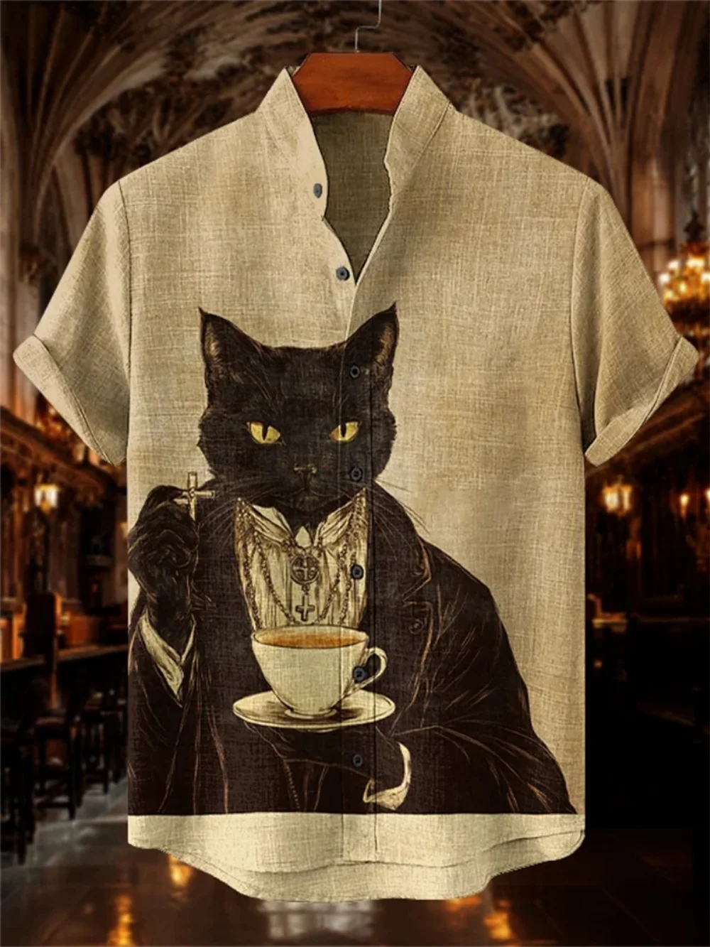 

Men's Quirky Retro Cat Printed Linen Shirt Short Sleeve Fashionable Stand up Collar Outdoor Casual Party Wear