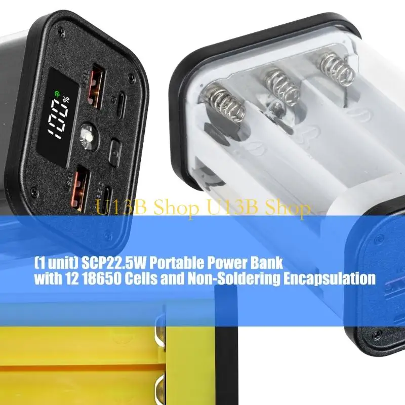 U13B Portable Chargers Case Builts in Safety Features Solderless Structure for 12x18650 Batteries Corrosion Resistant Plastic