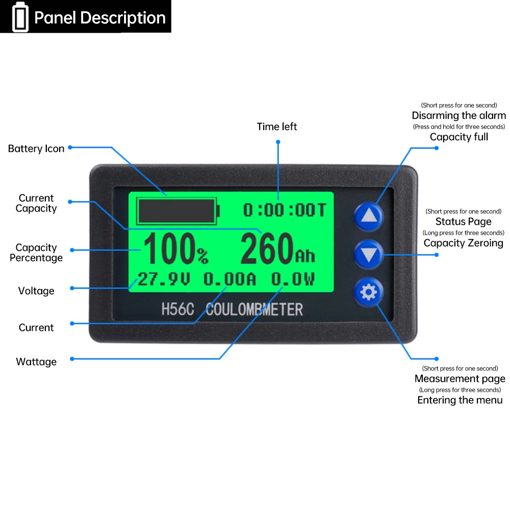 H56CR Shunt Coulomb Medidor Indicador de energia Corrente de tensão bidirecional DC 10V-100V, 100A Detector de capacidade da bateria