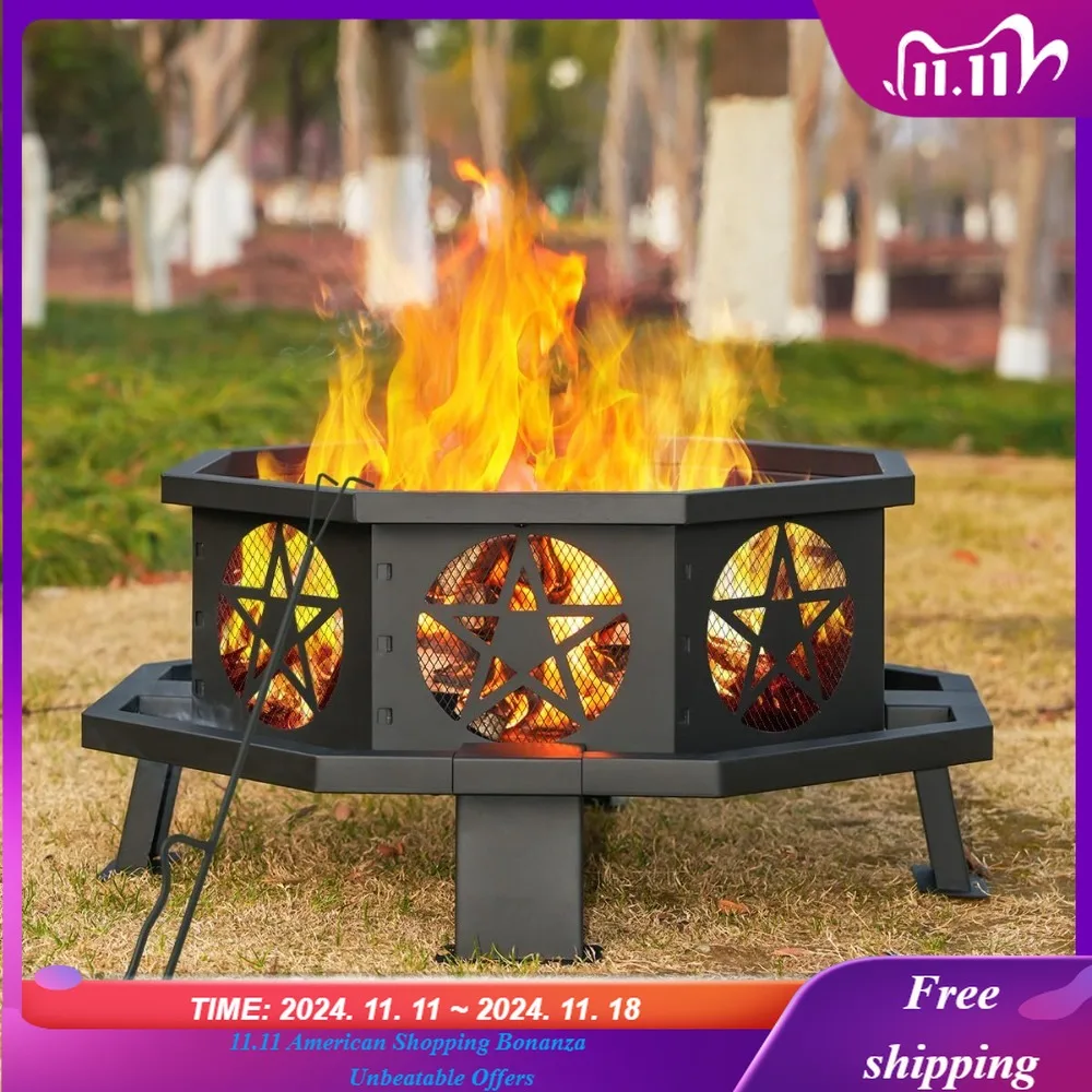 

32 Inch Small Octagonal Fire Pit,Outdoor Wood Burning Fire Pits for Patio,Picnic,Bonfire,Heavy Duty Firepits for Outside Backyad
