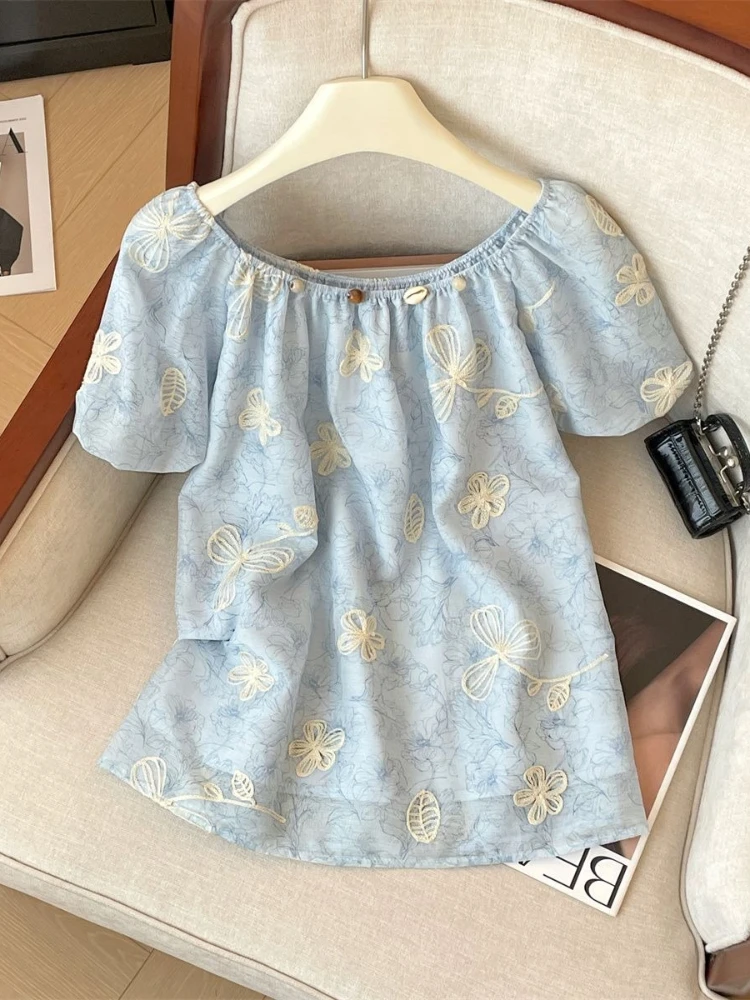

Fashion Vintage Shirts Flower Embroidery Slash Neck Puff Sleeve Blouses Chiffon Design Tops Summer All Match Women Clothing 2025