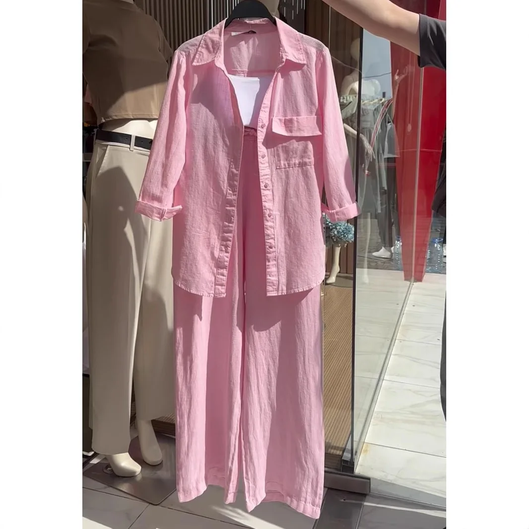 

Summer Botton And Line Shirts Pants Two Pieces Sets Women Casual Loose Button Long Sleeve Home Shirts + Pants 2 Pieces Sets