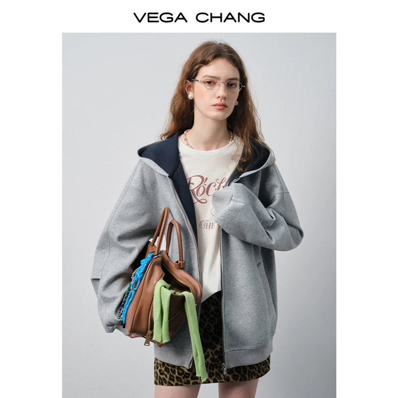 

Vega Chang женская новая осенне-зимняя свободная повседневная универсальная куртка-толстовка с капюшоном и молнией с цветными блоками