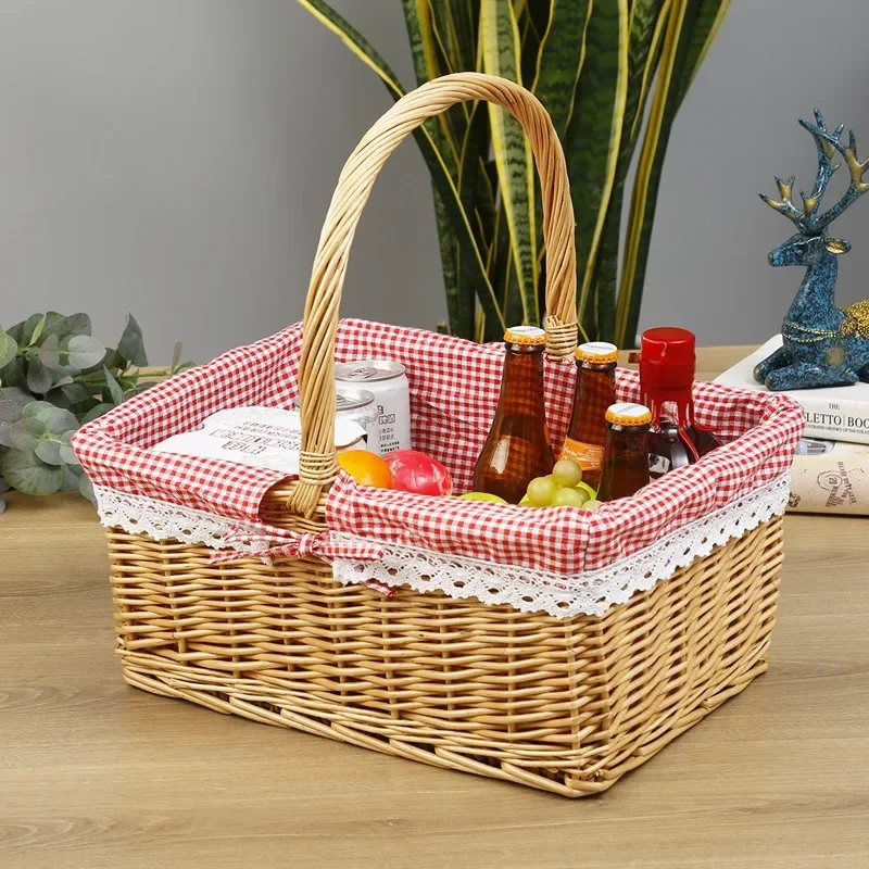 Large Capacity Wicker Rattan Picnic Basket Outdoor Camping Fruit Snack Storage Hamper House Storage Container Shopping Basket