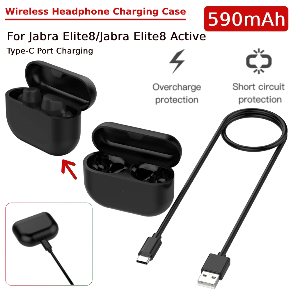 Caja de cargador de auriculares de 590mAh, estuche de carga de repuesto tipo C con indicador LED, estuche cargador para Jabra Elite 8/Elite 8 Active