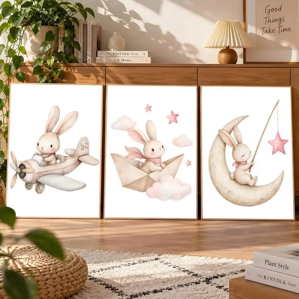 Dreamy Moon Bunny Adventure Watercolor Collection Poster Matte Self Adhesive Wall Art Waterproof Room Decoration Bedroom