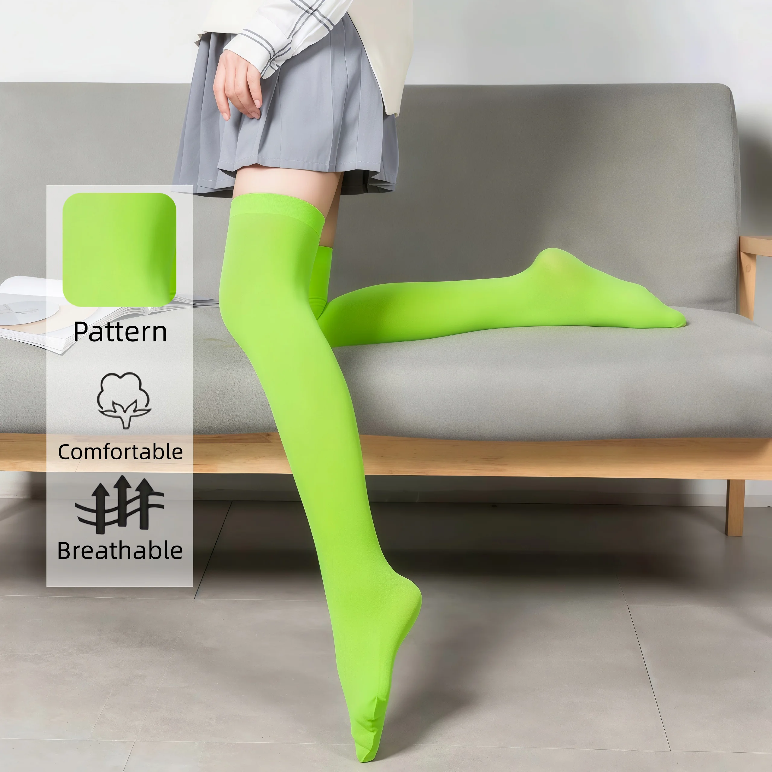 Neongrüne Overknee-Socken für Damen - Blickdichte Überkniestrümpfe, Weiche Bequeme Atmungsaktive Dehnbare Lange Socken für den Alltag – Detail 6