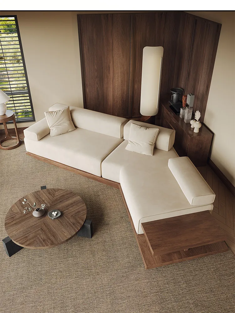 C13 - irregular corner solid wood platform sofa - ideal for living rooms, small apartments,  mid-century modern styles