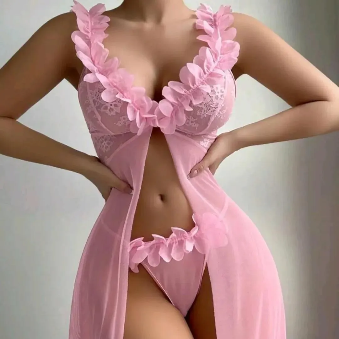 FloralLove الملابس الداخلية فستان طويل العميق الخامس الرقبة انظر من خلال الدانتيل فستان سهرة المرأة الوردي ملابس نوم نسائية جدا ملابس النوم