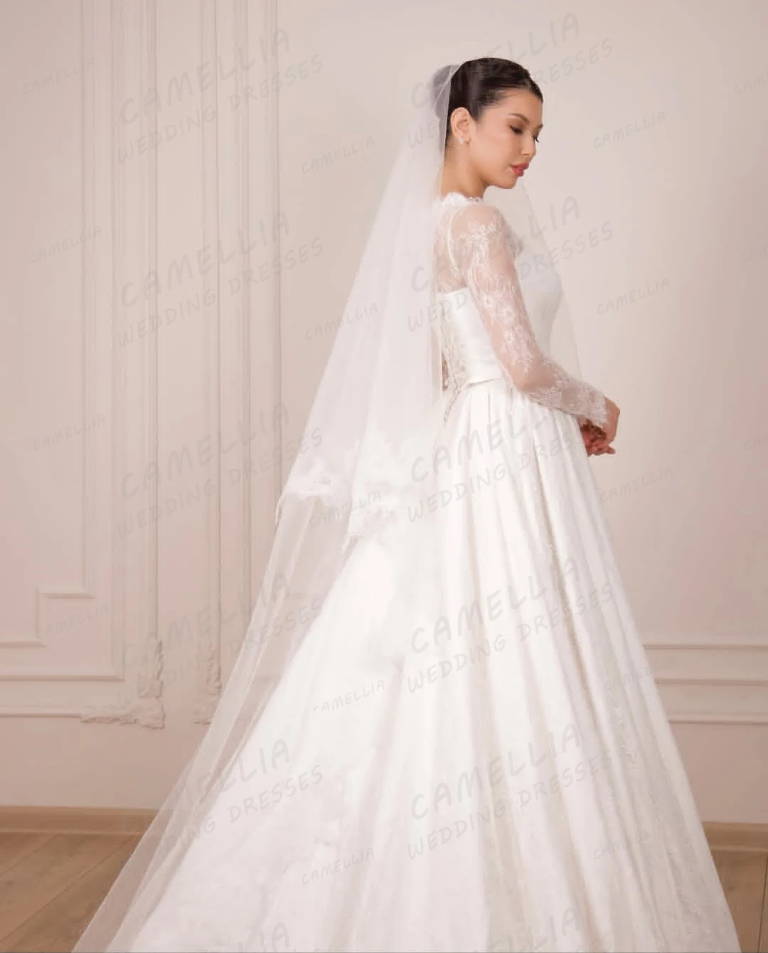Robe De mariée trapèze élégante style Boho, en dentelle, manches longues, col haut, en Tulle, personnalisée, pour femmes