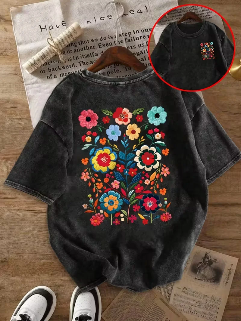 Flower Print Retro Washed T Shirt Loose Round Neck Fashion Women's Wash Short Sleeve Burning-out Printing Women's T-shirt