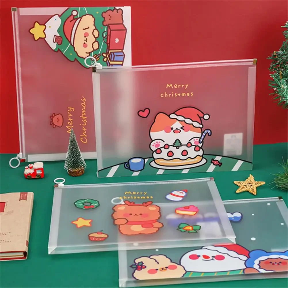 Carpeta de archivos de alta capacidad, organizador de archivos Visual transparente, impermeable, dibujos animados, Navidad, estudiante, bolsa con cremallera A4, suministros escolares