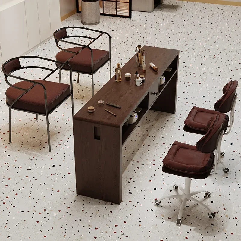 Mid Ancient Nail Art Table And Chairs, Solid Wood Single And Double Person Walnut Nail Art Table Retro Style Table Onglerie