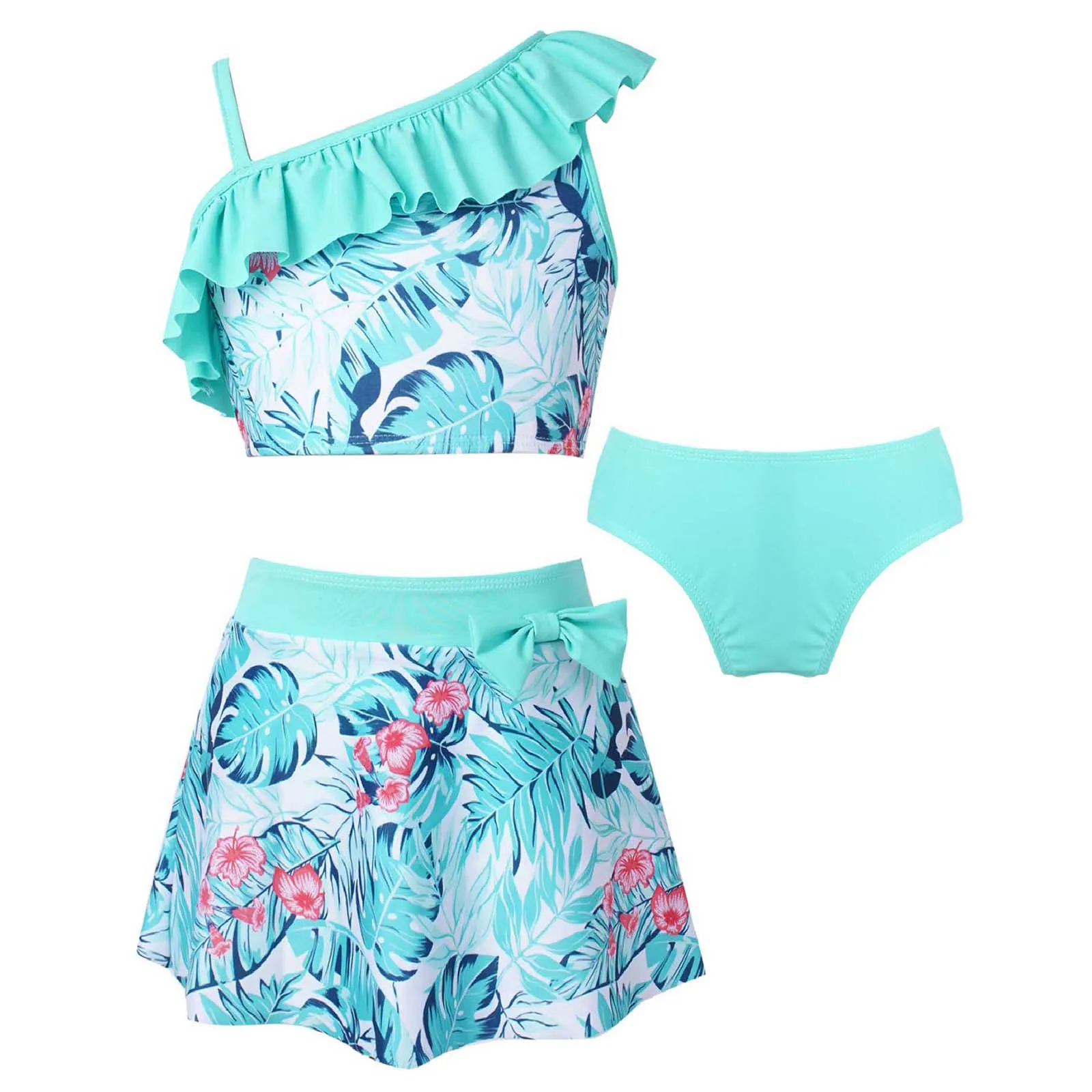 

3PCS Kids Girls Teens Tankini Swimsuit Floral Print Swimsuit Swimwear Crop Tops with Skirt And Briefs Set Swimming Bathing Suit