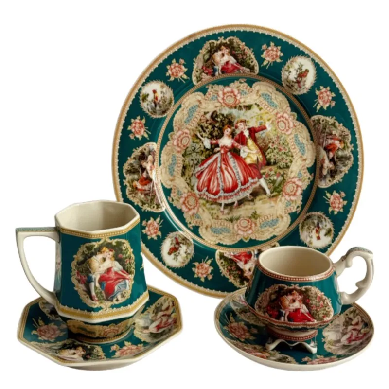 Middle aged porcelain, green black porcelain, glazed and colored coffee cups and plates