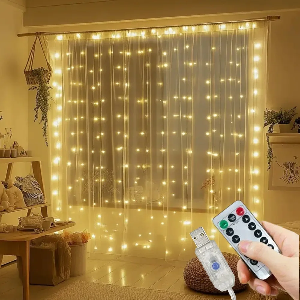 LED Garland Curtain Lights USB Power with 8 Modes Remote Control Fairy Lights String Wedding Christmas Decor for Home Bedroom