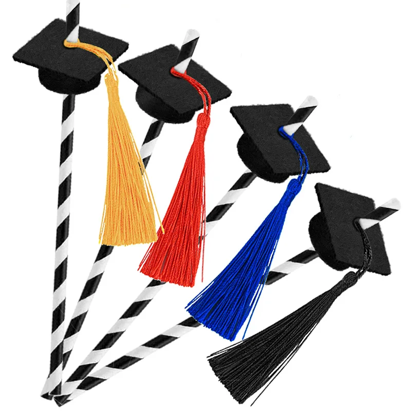 10Pcs Tassel Bachelor Cap Straw Creative Drinking Paper Straws Graduation Ceremony Celebration Party Decorations Juice Straws