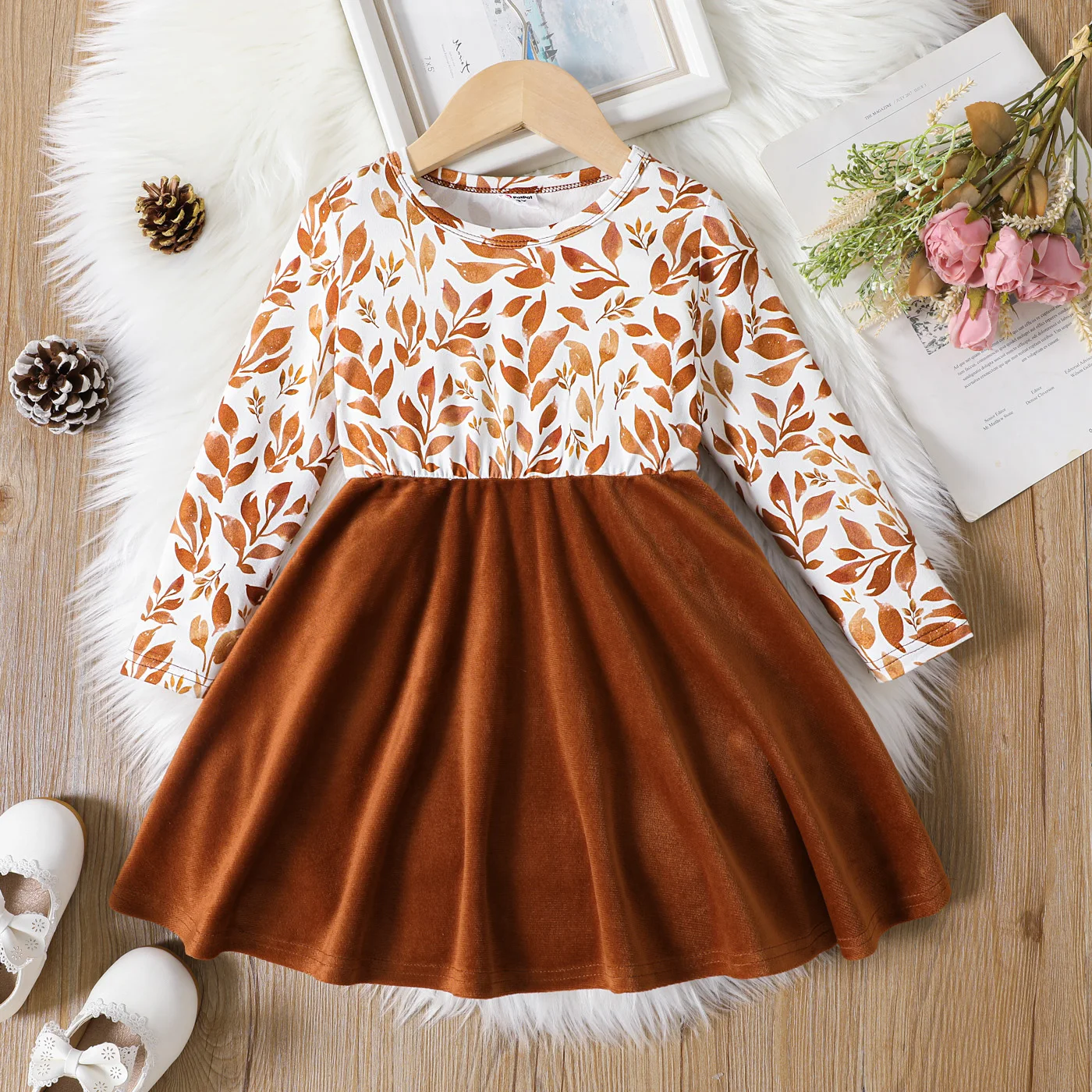 PatPat Toddler Girl Floral Leaf Print Velvet Splice Long-sleeve Dress Soft and Comfortable  Perfect for Outings and Daily Wear