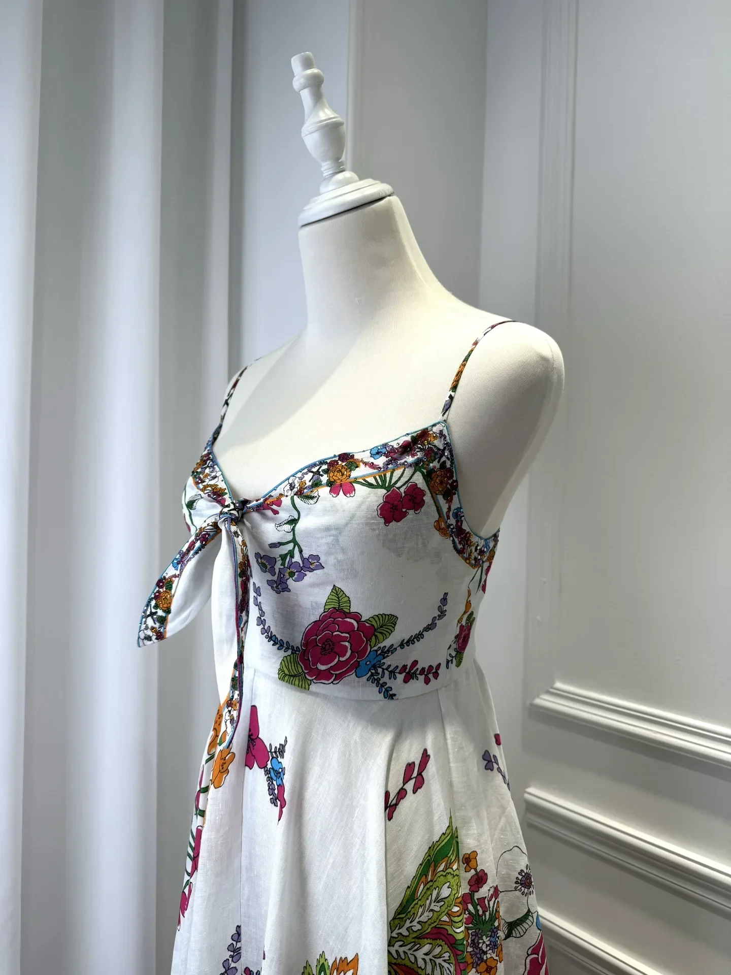 Batas de lino con estampado de flores para mujer, vestido largo sin tirantes con cuentas de diamantes de imitación y cuello en V, Sexy, primavera y verano, 2024