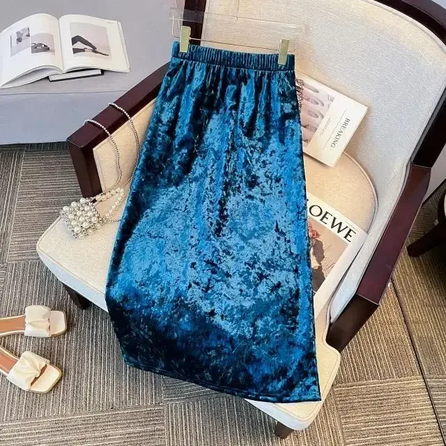 Velvet Embossed Half length Skirt for Women 2024 Autumn New High Waist  Skinny Bag Hip Skirt, High Sense, Gold Brick Velvet Long