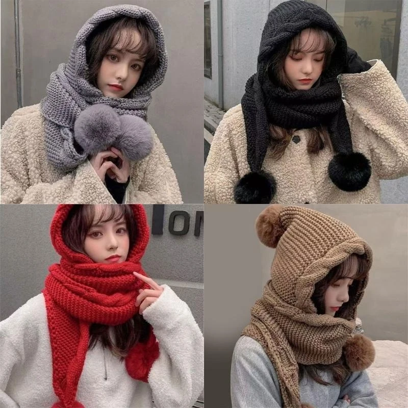 E15F 겨울 스카프 모자, 따뜻한 EarFlaps 및 여성용 장식용 폼폼 공 소녀