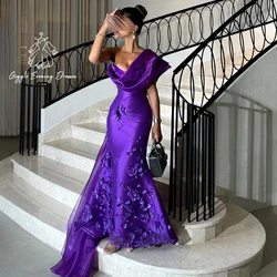 Giggle One-Shoulder Luxury Appliques Satin elegant prom dress fairy Mermaid Floor Length Saudi Royal Purple dresses for women