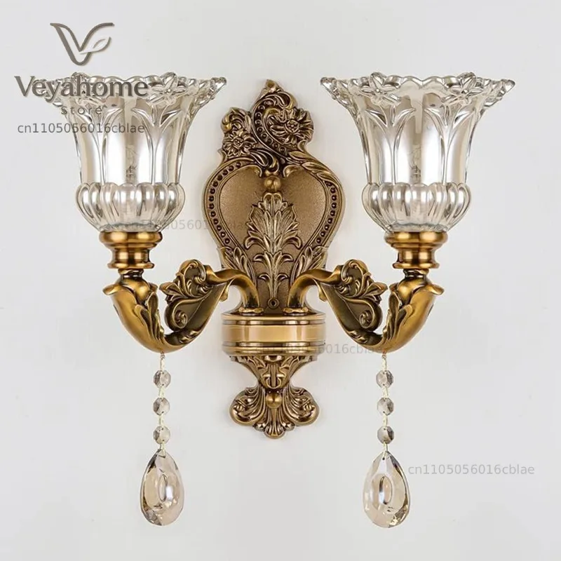 European Retro Crystal Glass Walls Light Double Headed Living Room Bedroom Bedside Lamp Corridor Aisle Mirror Front Wall Lamp