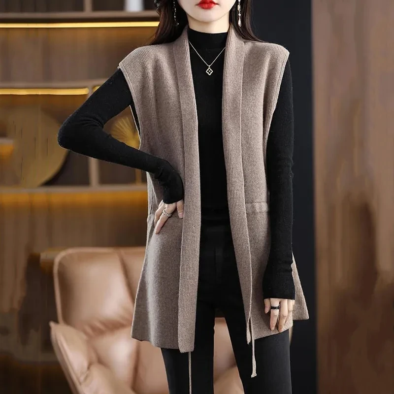 2023 New Autumn Winter Fashion V-Neck Knitt Vest Jacket Women Mid Long Loose Sleeveless Waistcoat Cardigan Waist Coat Female