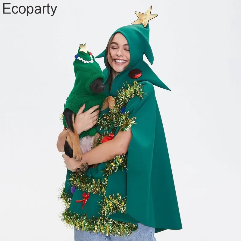 New Adult Christmas Costume Cloak 3D Green Christmas Tree Cosplay Hooded Cape For Men Women New Year Party Xmas Performance Suit