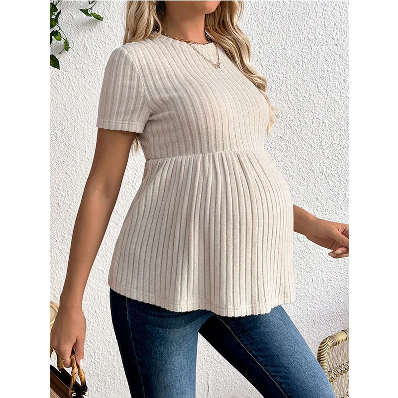 

Одежда для беременных: Удобный трикотажный топ с коротким рукавом и рюшами, однотонная блузка-футболка для беременных