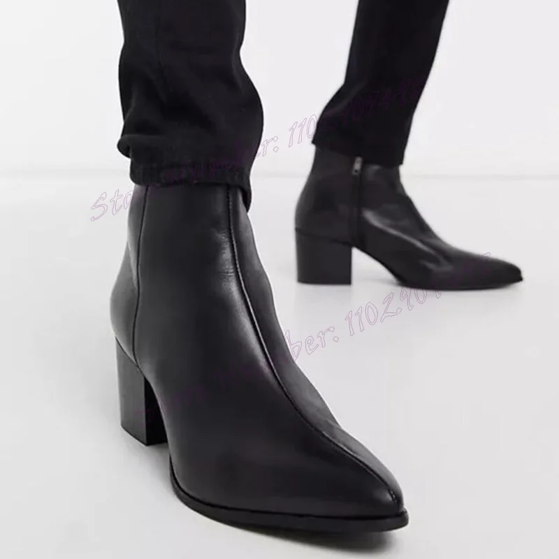 Black Pointed Toe Men's Ankle Boots Matte Leather Chunky Heels Shoes for Men Handmade Runway Casual Shoes Zapatos Para Hombres