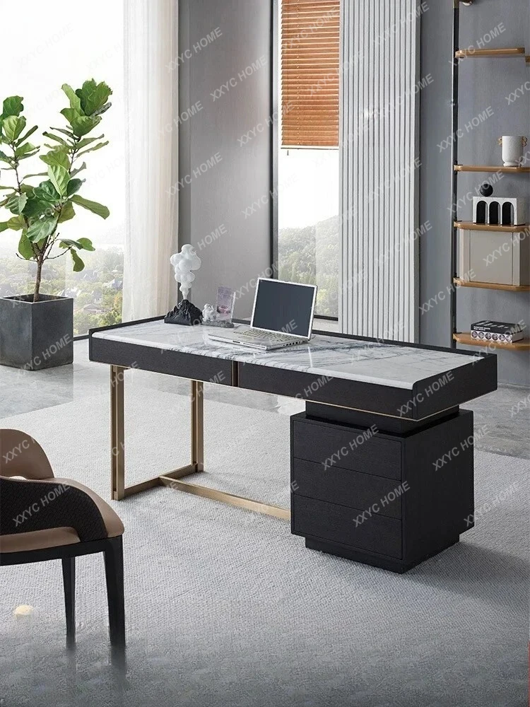 A  Italian minimalist natural marble surface combination desk modern light luxury study office furniture storage desk
