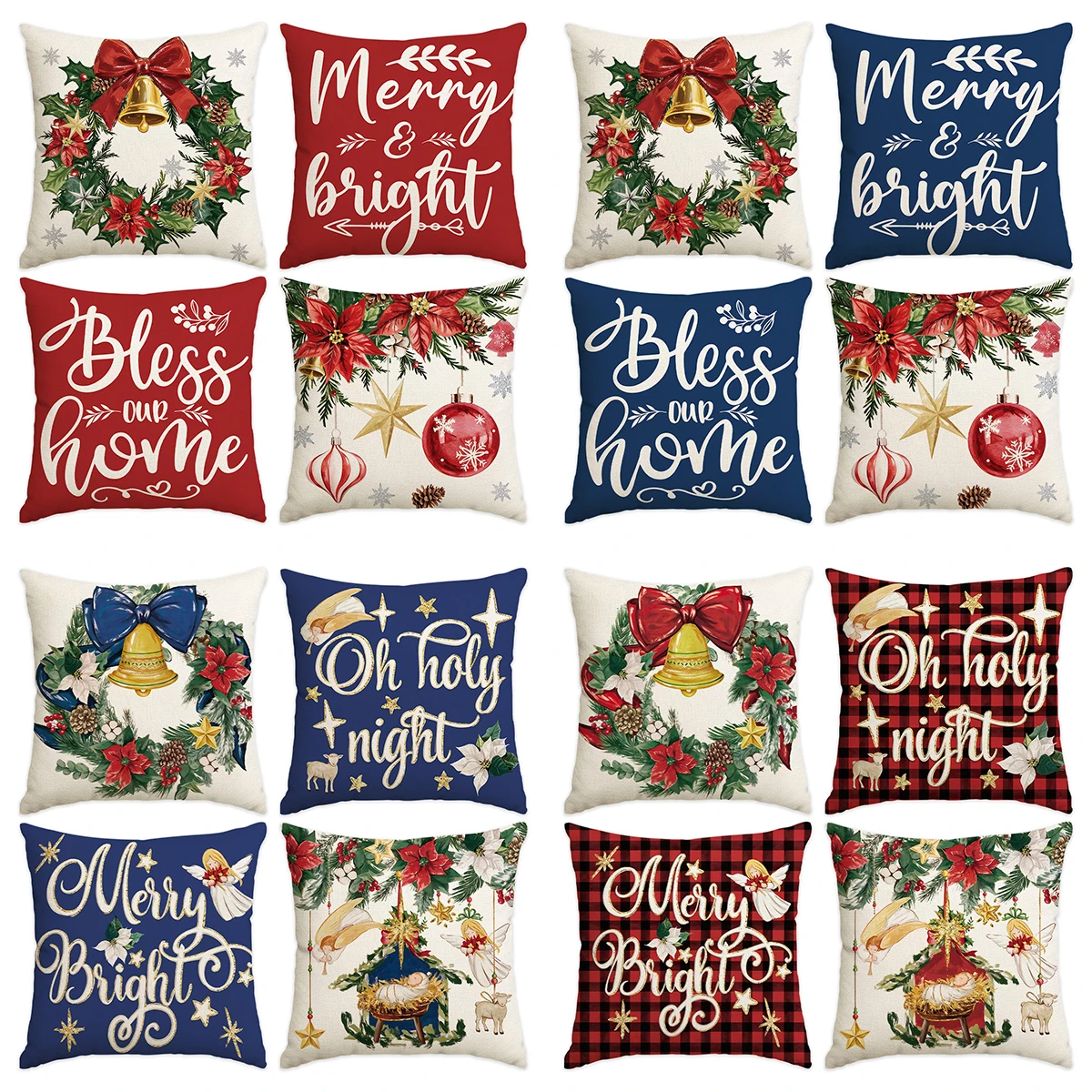 Christmas Cushion Covers 4Pcs Throw Pillow Covers Xmas Wreath Poinsettia Bell Angel Print Farmhouse Sofa Home Decor