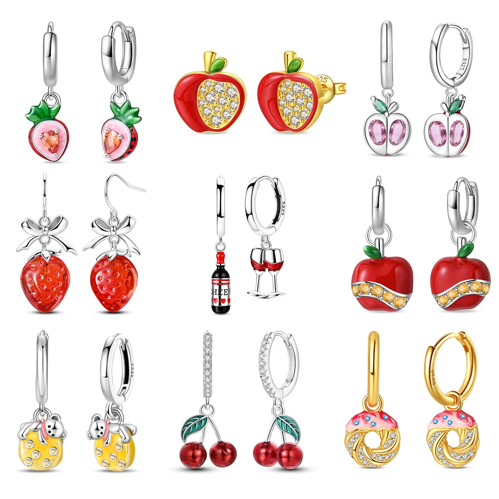 Colorful 925 Sterling Silver Apple & Strawberry & Red Wine Clink Asymmetry Earrings For Fruit Party Fine Jewelry Gift