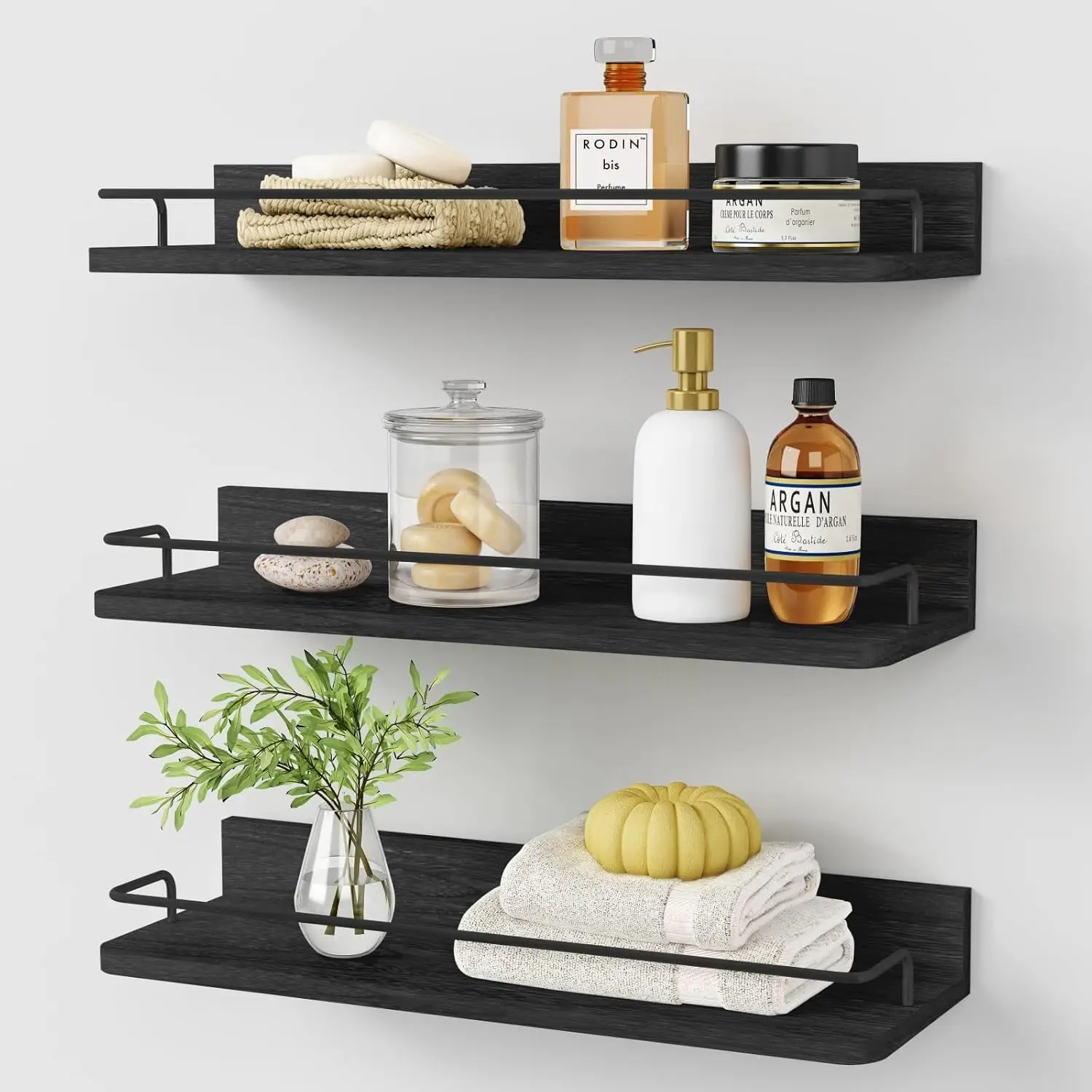 

Black Floating Shelves for Wall, Bahtroom Wall Shelves Over Toilet, Rustic Hanging Shelf with Lip Rail for Bed Kit Off Living