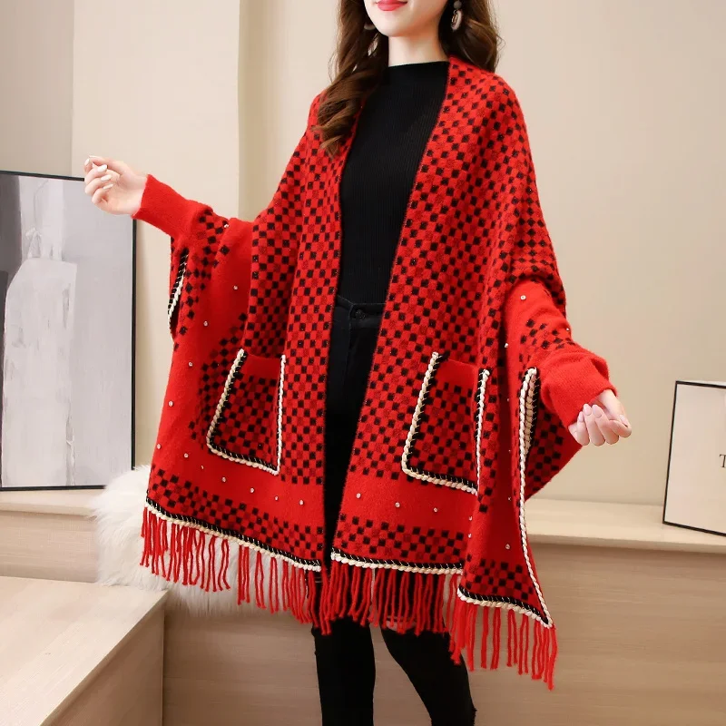 Women Warm Plaid Cape Coat Tassel Cardigan Kimono Long Big Pockets #4008 Black Red White Khaki Mink Cashmere Ponchos And Capes