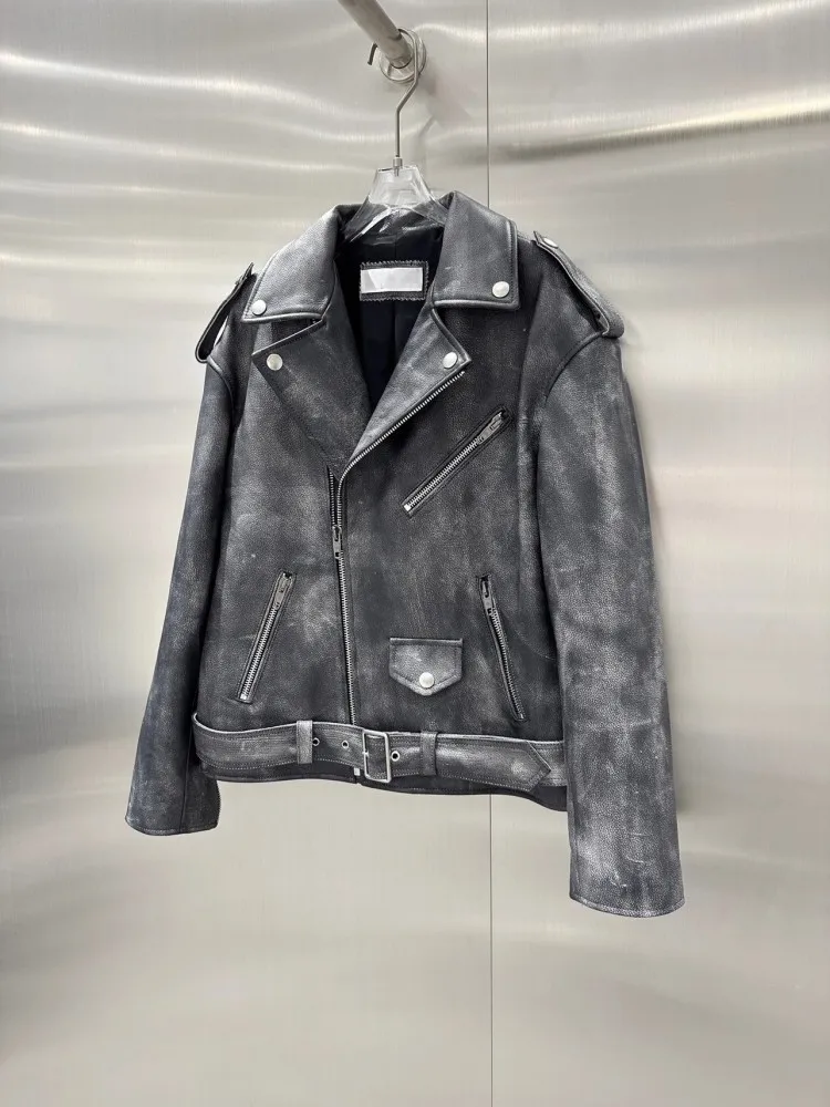 Vintage Women Punk Moto Biker Genuine Leather Jacket Zipper Lapel Loose Fit High Quality Cowhide Short Coat Customized 20 Days