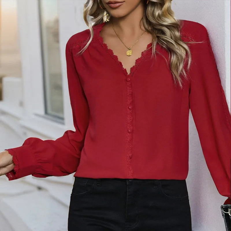 

Shirts Blouses Women Shirt V Neck Full Sleeve Tops Solid Sexy Y2k Streetwear Elegant Splice Shirts Regular Slim Top 2026 Spring