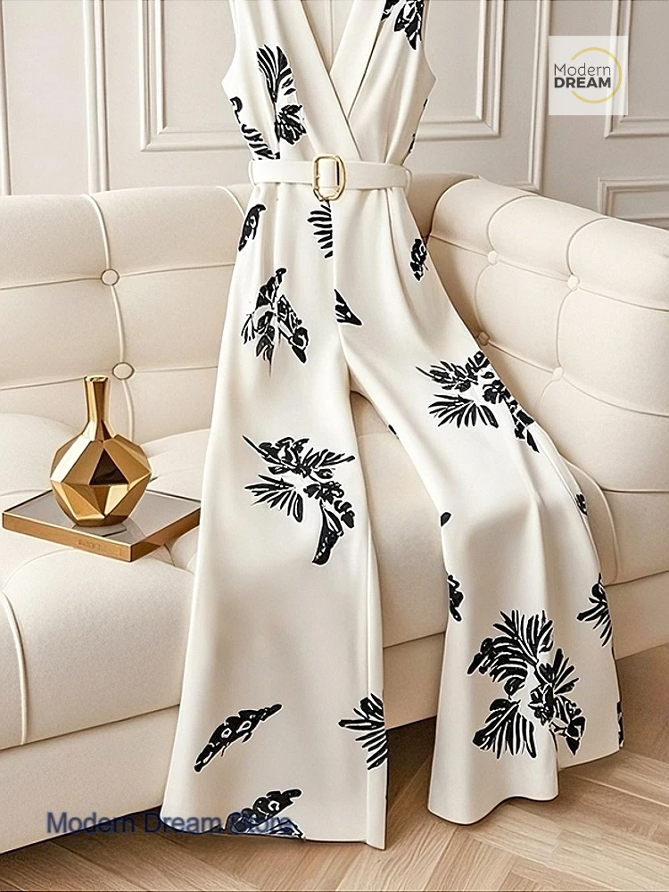 French white fashion high-grade jumpsuit female summer new temperament goddess Fan printed sleeveless drape wide-leg jumpsuit.