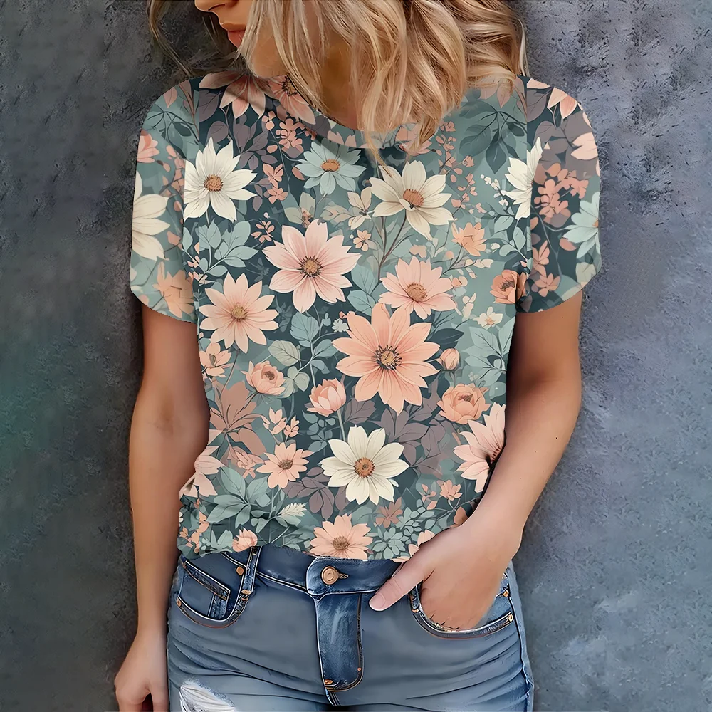 

Stylish temperament, dark green background, floral print, daily casual women's summer versatile short sleeved T-shirt