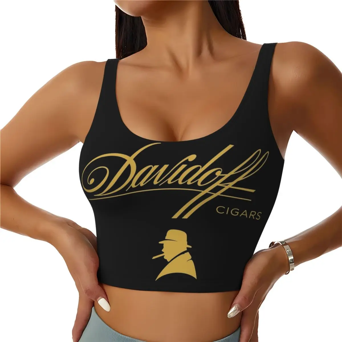 Sujetador deportivo personalizado Davidoff Cigars negro para mujer, chaleco de alto impacto, camisetas sin mangas cortas para entrenamiento de gimnasio y Yoga