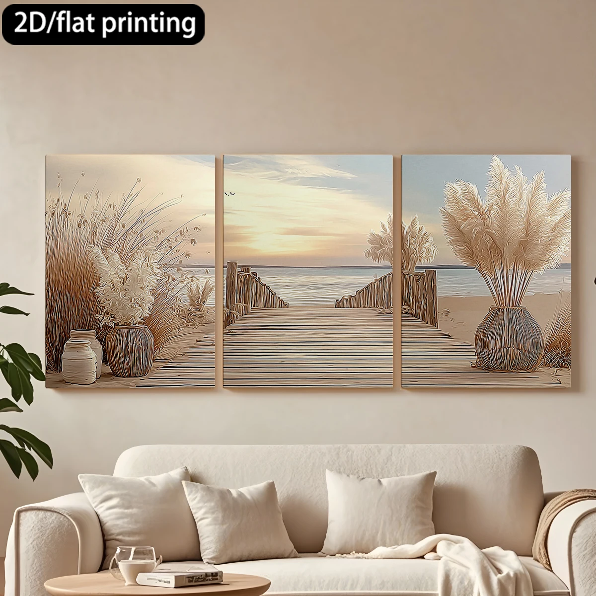 

2D плоская печать, набор из 3-х картин на холсте в деревянных рамах: Декоративная живопись «Пляжная тропа», «Закат», «Пампасные вазы». Декор для коридора и спальни.