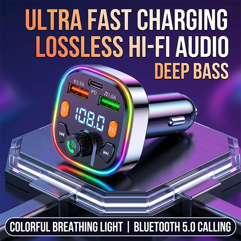 Car Charger Bluetooth FM Transmitter For Car Stereo Colorful RGB Light Audio Receiver Triple Port PD Fast Charger Boost Player