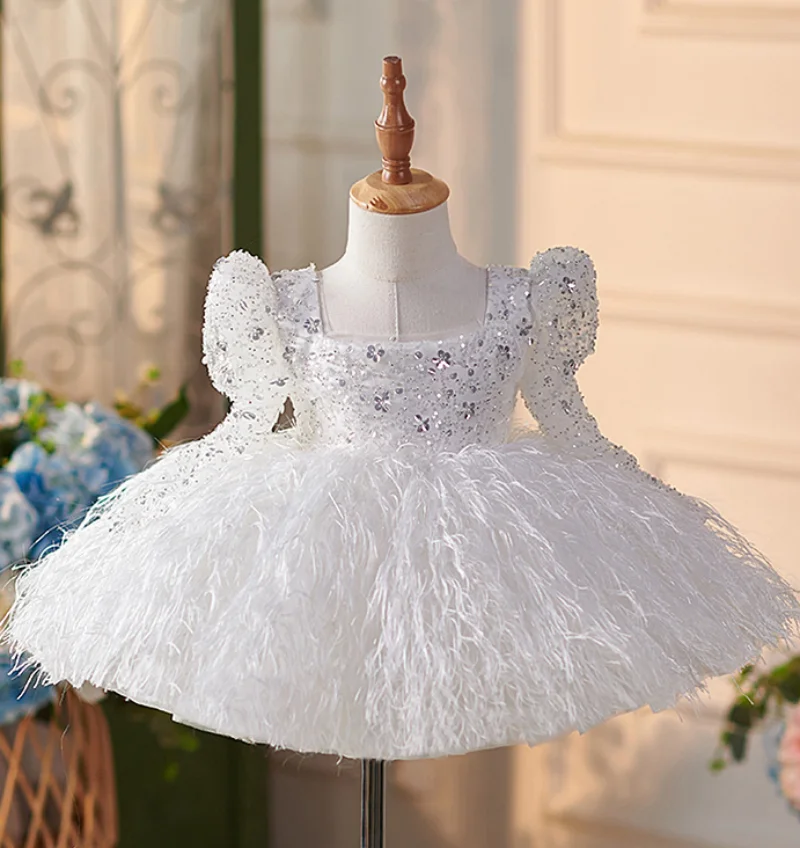 

White Classic Flower Girl Dress Full Sleeve Feather Skirt Communion Baptism Birthday Church Toddler Girl Infant Dresses