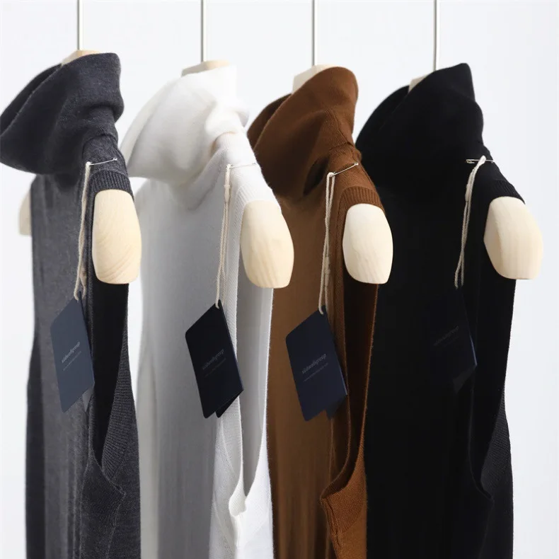 Naizaiga 100 wool 18G 60s turtleneck white gray coff black sleeveless slim Women pullover sweaters QT9