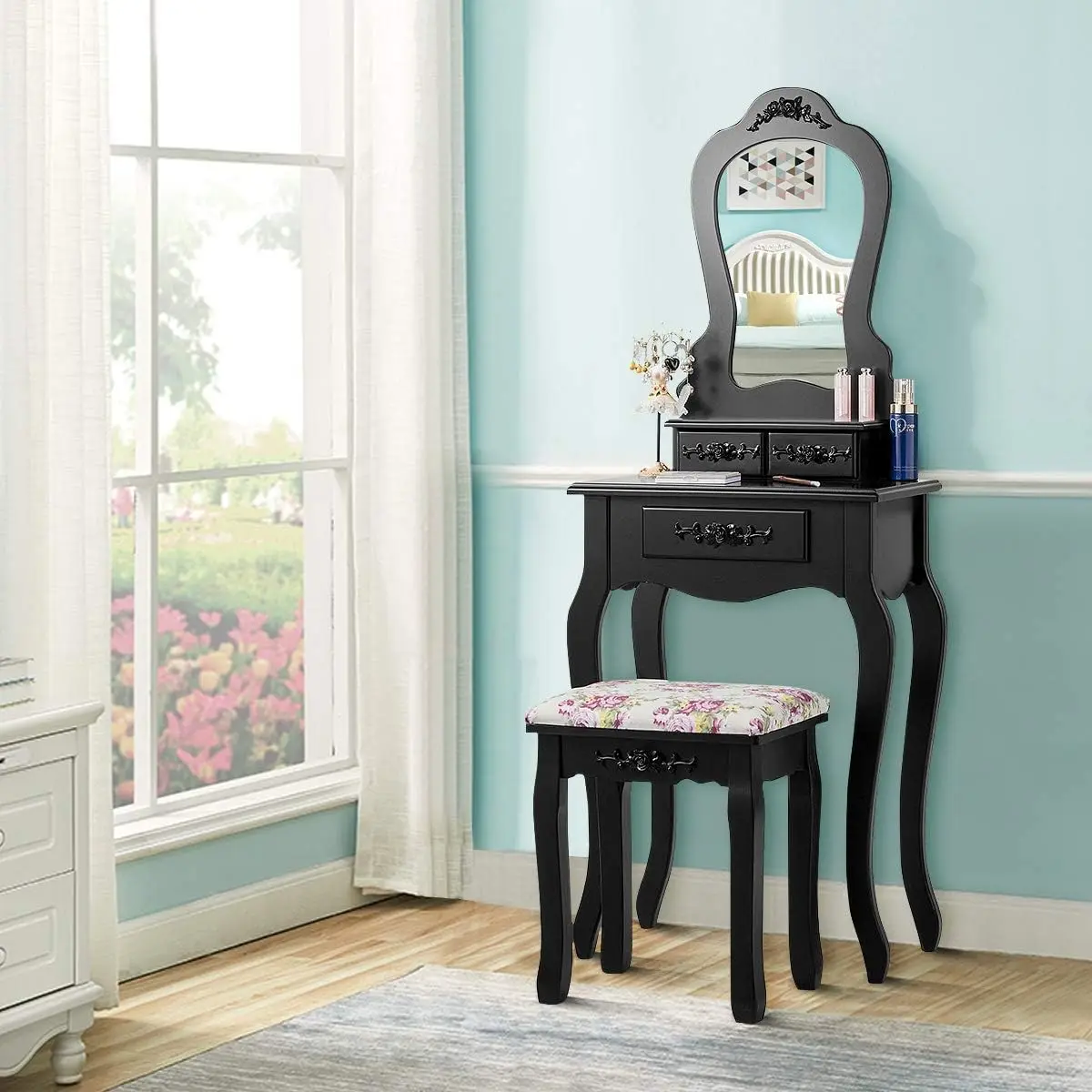 Vanity Table Set With Stool & Mirror, Multifunction Makeup Table Writing Desk With Drawers, Fan-Shaped Mirror & Cushioned