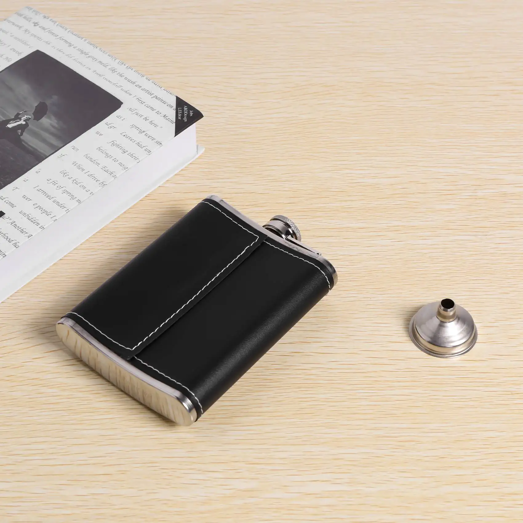 CYCLI-Pocket Hip Flask 8 Oz With Funnel Stainless Steel With Black Leather Wrapped Cover And Leak Proof - Fits Any Suit For Disc