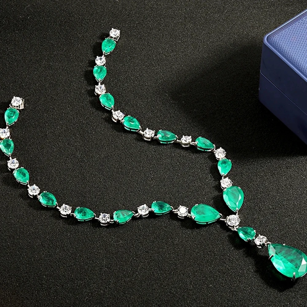 KQDANCE Real 925 Silver Large Pear Cut Lab Emerlad Ruby Red Yellow High Carbon Diamond Tennis Chain Necklace Luxury Fine Jewelry