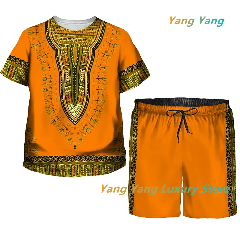 African Print Tracksuit Men/Kids Fashion T-shirts Suit Casual Shorts/Vintage Top Sport And Leisure Summer Clothes Set