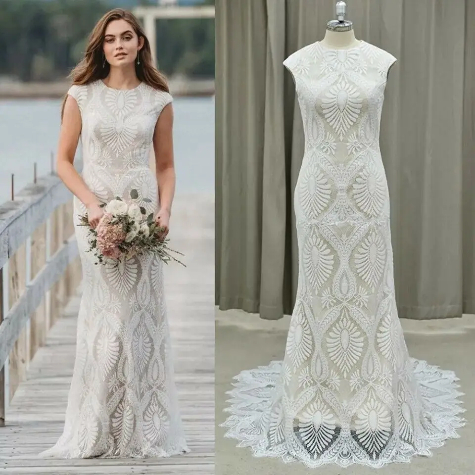 Lace Bohemian Wedding Dress O Neck Sleeveless Mermaid Boho Wedding Dress Full Length Beach Low Back Hippie Bride Gown Customized